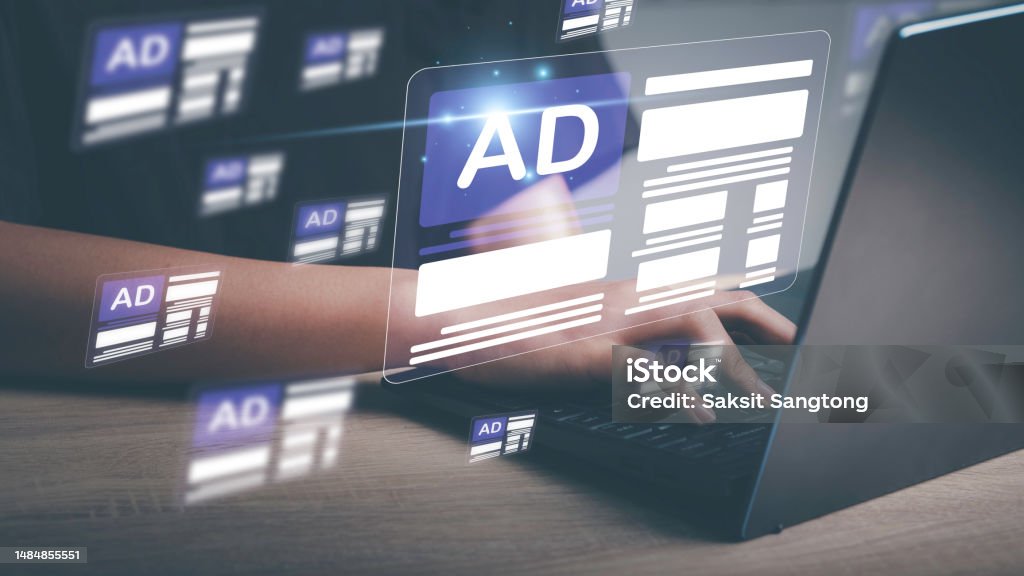 Online programmatic advertising in feed on computer screen. Optimize advertisement target optimize click through rate and conversion. Ads dashboard digital marketing strategy analysis for branding . Advertisement Stock Photo