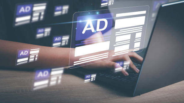 online programmatic advertising in feed on computer screen. optimize advertisement target optimize click through rate and conversion. ads dashboard digital marketing strategy analysis for branding . - branding imagens e fotografias de stock