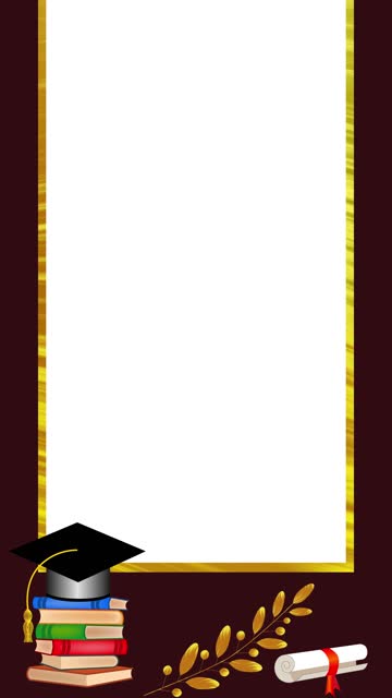 Vertical animated template, golden luxury frame line, animated laurel branch, books, diploma, graduate hat. brown background. Suitable for social media, school graduation invitations, congratulations.