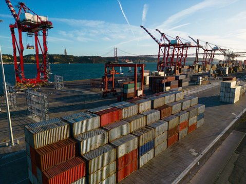 Aerial images at day time of a port and all the logistics in practice for the development of the freight transport activity