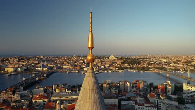 Aerial shot of Galata Tower from the bottom up with drone.