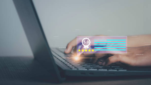 istock Customer feedback comment from online survey concept. Review give five star rating service experience best quality level excellent rank for giving best score point, certification warranty. 1484858610