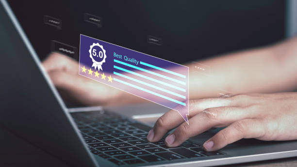 istock Customer feedback comment from online survey concept. Review give five star rating service experience best quality level excellent rank for giving best score point, certification warranty. 1484858620