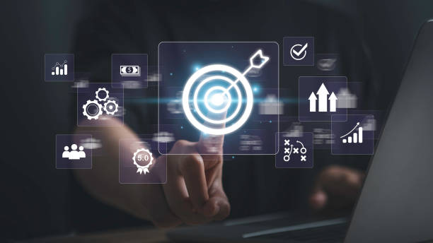 istock Business targeting concept. Businessman touching darts aiming at target center with digital marketing icons on virtual screen internet network connection, Business goal, Digital online marketing. 1484858768