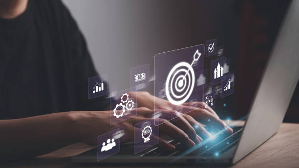 istock Business targeting concept. Businessman touching darts aiming at target center with digital marketing icons on virtual screen internet network connection, Business goal, Digital online marketing. 1484858789