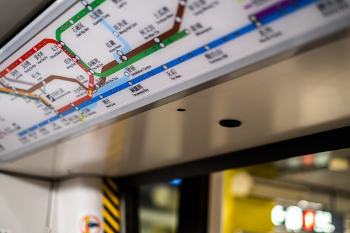 MTR Station route map in subway train, Hong Kong