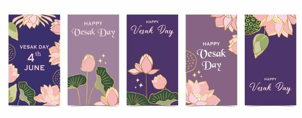 happy vesak day background with lotus and temple - happy vesak day 幅插畫檔、美工圖案、卡通及圖標