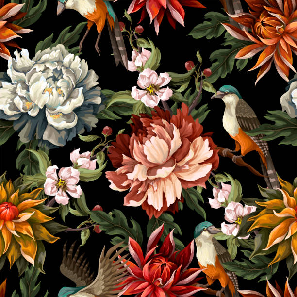 illustrazioni stock, clip art, cartoni animati e icone di tendenza di motivo ornato senza cuciture con peonie vintage, rose e uccelli. vettore. - rose pattern victorian style seamless