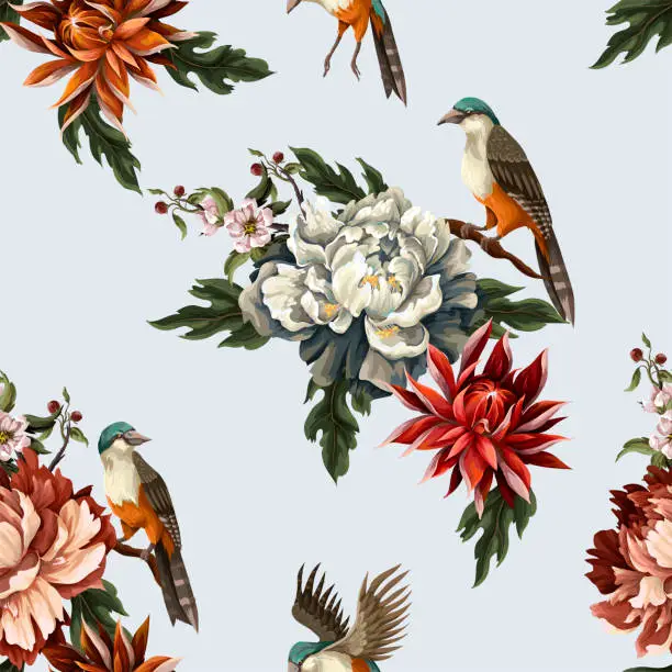 Vector illustration of Ornate seamless pattern with vintage peonies, roses and birds. Vector.