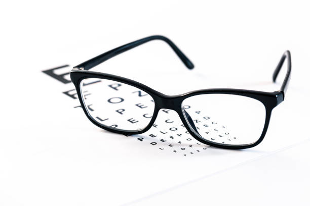 istock Eyeglasses with eye test table on white, optometrist concept and eye test 1484862216
