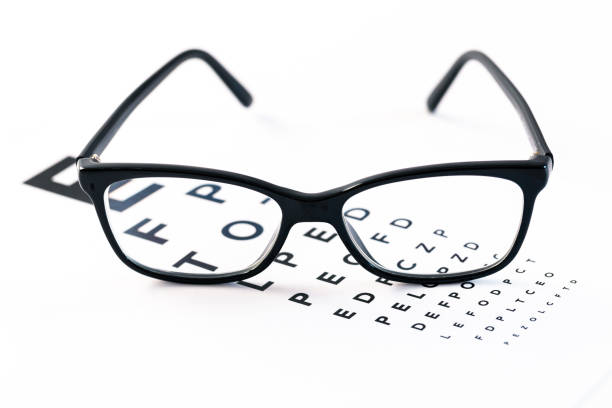 istock Eyeglasses with eye test table on white, optometrist concept and eye test 1484862217