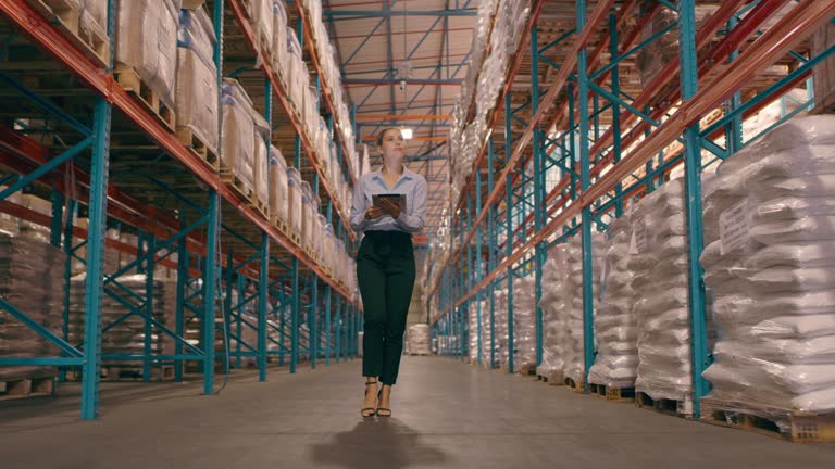 Warehouse, tablet and woman in inventory management walking with online list to check boxes on shelf. Female logistics worker checking stock in cargo storage, internet and global export inspection