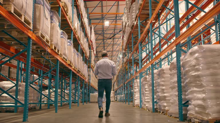 Businessman, back and logistics walking in warehouse or storage check, inventory or shipping industry. Man store manager in supply chain inspection, checking or counting stock in factory workshop