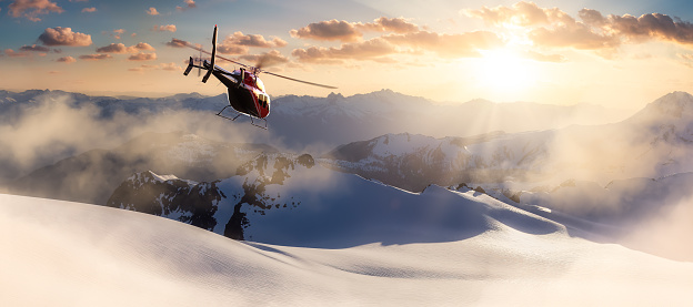 Helicopter flying over the Rocky Mountains during a colorful sunset. Aerial Landscape from BC, Canada near Squamish and Whistler. Epic Adventure Composite. 3D Rendering Heli
