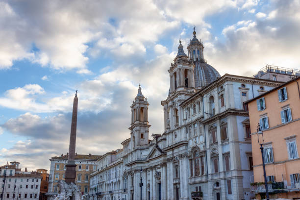 Sant'Agnese in Agone in Piazza Navona. Historic Landmark in Rome, Italy. Cloudy Sky.