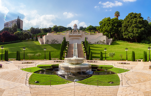 Bahai Gardens in Haifa, Israel. Cloudy Blue Sky. Tourist Attraction. Panorama