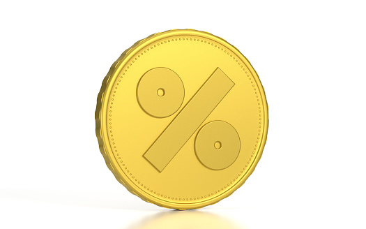 3D render of golden percent sign on a coin, percentage discount coin icon sign symbol