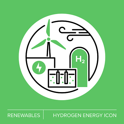 Vector illustration of Clean Energy - Green Hydrogen production, symbol. Producing green hydrogen with wind energy. H2 fuel production with electrolysis. Ecological energy with zero emissions. Illustrations with editable strokes.