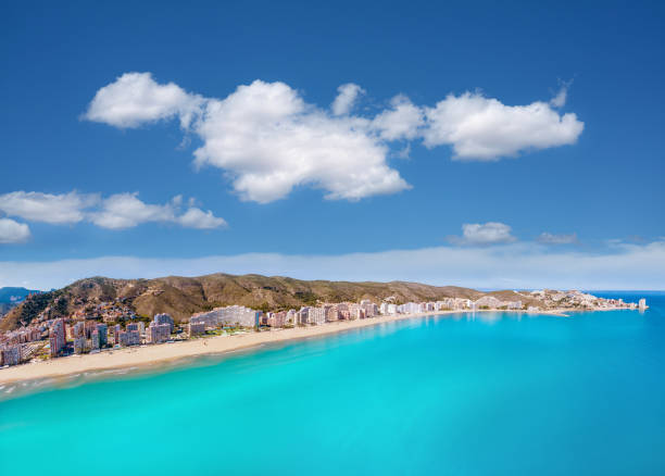 Cullera beach skyline seafront aerial view Mediterranean sea in Valencia of Spain