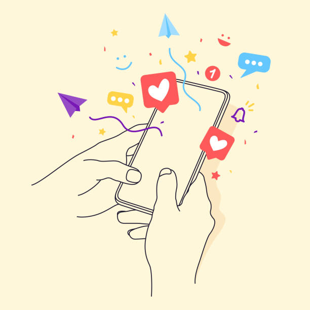 ilustraciones, imágenes clip art, dibujos animados e iconos de stock de teléfono inteligente de mano con coloridos íconos de redes sociales - redes sociales