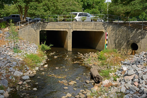 car bridge over green mill run creek, elm street park on east carolina universitys campus. greenville, north carolina - run of the mill imagens e fotografias de stock