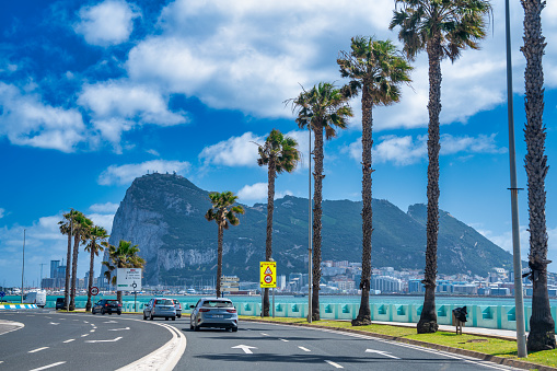 Gibraltar, UK - April 7, 2023: Arriving with the car to Gibraltar border United Kingdom-Spain.