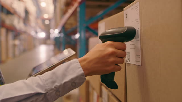 Barcode, scan and hands with tablet in distribution warehouse for shipping, logistics and delivery. Supply chain, inventory box and woman worker with digital tech for cargo, package and storage label