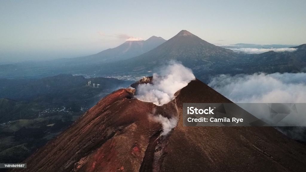 Pacaya volcano guatemala Drone photo of Pacaya, an active volcano in Guatemala. In the background, there are three others volcanos: Agua, Acatenango and Fuego Guatemala Stock Photo