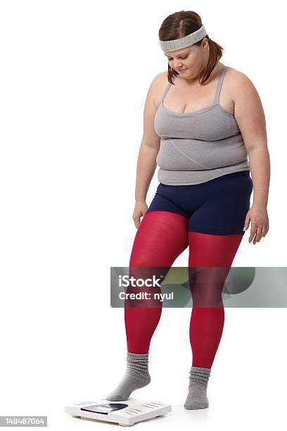 Fat Woman Stepping On Scale Stock Photo - Download Image Now - One Person, Overweight, People