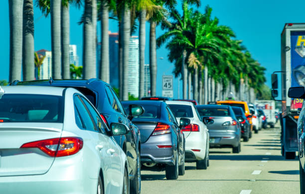 Miami, FL - February 25, 2016: Car traffic along the interstate to Miami Beach.