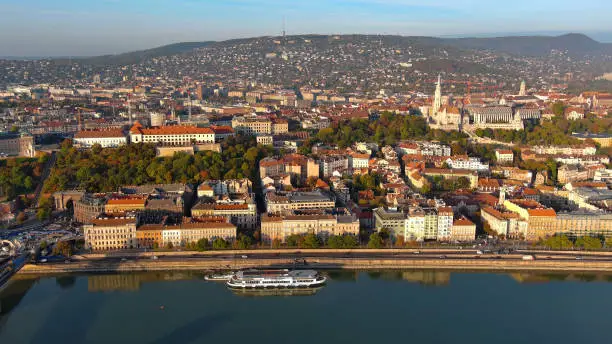 Establishing Aerial View Shot of Budapest, Hungary, Buda Side, Fisherman’s Bastion and Matthias church and Danube River