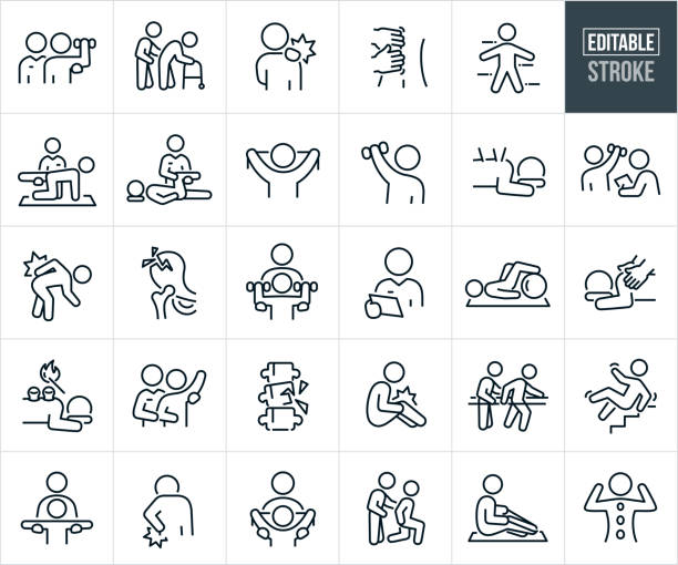 Physical Therapy And Physiotherapy Thin Line Icons - Editable Stroke A set of physical therapy and physiotherapy icons that include editable strokes or outlines using the EPS vector file. The icons include a physical therapist assisting a patient building strength by lifting a dumbbell weight, physical therapist working with and elderly person walk with a walker during physiotherapy, person with shoulder pain, patient getting a massage, the human body, physiotherapist assisting a patient with exercises, physiotherapist working on the knee of an injured patient, person doing band exercises, patient getting acupuncture, person experiencing back pain, broken hip, physical therapist checking patient chart, patient using an exercise ball, client getting cupping therapy, occupational therapist assisting a patient to build strength, broken back, person with an injured knee, occupational therapist assisting a patient to walk, person falling down steps and getting injured, physical therapist assisting a client to build arm strength, person using an exercise band to strengthen ankle and a woman receiving hot stone therapy. therapy stock illustrations