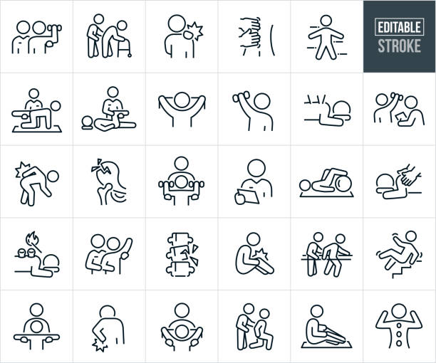 Physical Therapy And Physiotherapy Thin Line Icons - Editable Stroke A set of physical therapy and physiotherapy icons that include editable strokes or outlines using the EPS vector file. The icons include a physical therapist assisting a patient building strength by lifting a dumbbell weight, physical therapist working with and elderly person walk with a walker during physiotherapy, person with shoulder pain, patient getting a massage, the human body, physiotherapist assisting a patient with exercises, physiotherapist working on the knee of an injured patient, person doing band exercises, patient getting acupuncture, person experiencing back pain, broken hip, physical therapist checking patient chart, patient using an exercise ball, client getting cupping therapy, occupational therapist assisting a patient to build strength, broken back, person with an injured knee, occupational therapist assisting a patient to walk, person falling down steps and getting injured, physical therapist assisting a client to build arm strength, person using an exercise band to strengthen ankle and a woman receiving hot stone therapy. cupping therapy stock illustrations