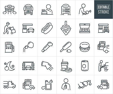 A set of convenience store and gas station icons that include editable strokes or outlines using the EPS vector file. The icons include a convenience store, gas tanker truck, cashier behind cash register, gas station sign, person pumping gas, delivery person delivering to convenience store, car at gas pump, hot dog, slice of pizza, box of doughnuts, fuel pump, air compressor, tire pressure gauge, corn dog, chicken sandwich, twenty four hour service, car in car wash, doughnut and coffee, can of soda, customer fueling car, gas prices going down, gas prices going up, quart of oil, customer with a coffee and other related icons.