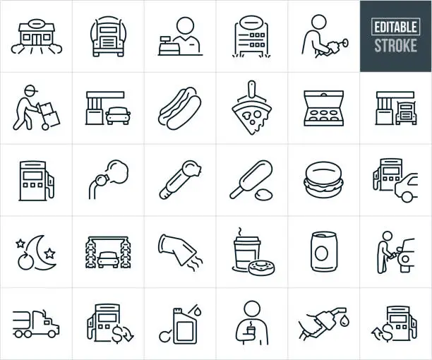 Vector illustration of Convenience Store And Gas Station Thin Line Icons - Editable Stroke