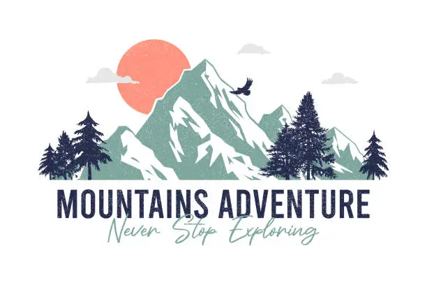 Vector illustration of Mountain t-shirt design with sun, eagle and pine trees. Print for apparel with slogan - mountains adventure. Typography graphics for vintage tee shirt with grunge. Vector