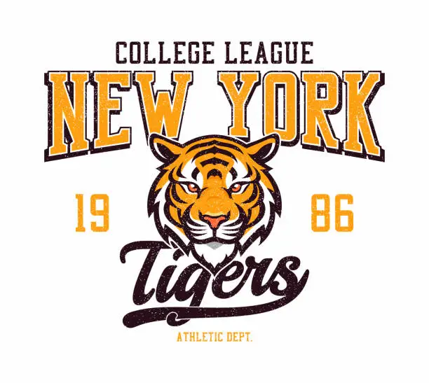 Vector illustration of New York city college league, tigers team t-shirt design. College tee shirt print design with tiger head and grunge. Graphics for print product, t shirt, vintage sport apparel.