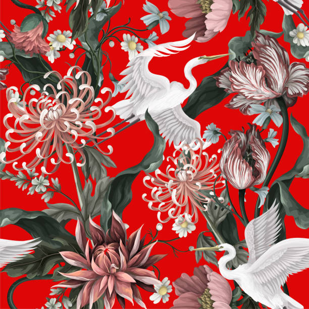 ilustrações de stock, clip art, desenhos animados e ícones de seamless pattern with white heron and chrysanthemum, golden-daisy. vector. - traditional culture heron bird animal