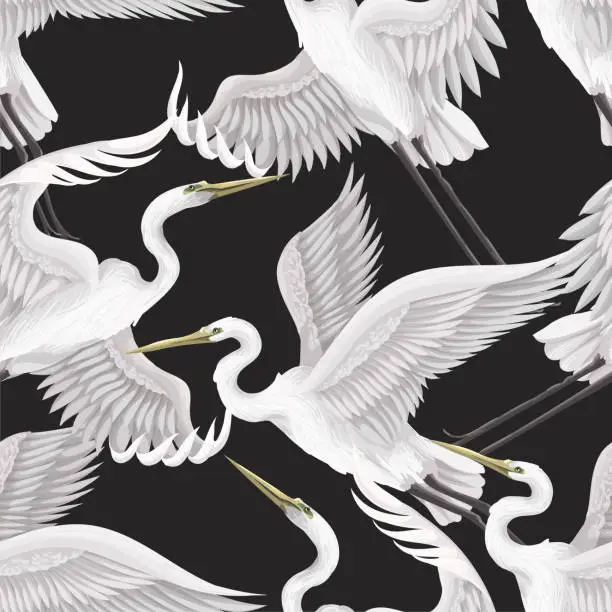 Vector illustration of Seamless pattern with white herons. Vector.