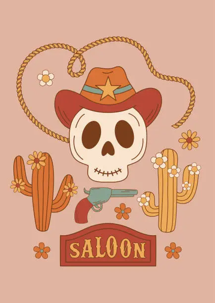 Vector illustration of wild west poster with cowboy skull, cacti, revolver