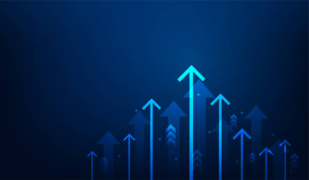 istock business increase arrow up digital technology on blue background. income profit and investment growth. stock market trading achievement. vector illustration fantastic low poly design. 1484877597