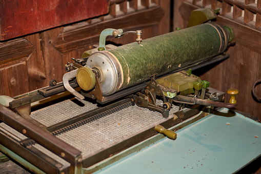 Close-up of an old traditional movable type printing machine