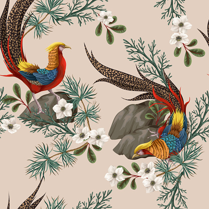 Seamless pattern with gold pleasant and fir branch. Vector