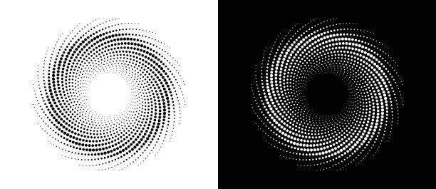 現代の抽象的背景。円形のハーフトーンドット。丸いロゴ。ベクター点線枠。デザイン要素またはアイコン。白い背景に黒い点、黒い面に白い点。 - illusion spiral black white点のイラスト素材／クリップアート素材／マンガ素材／アイコン素材