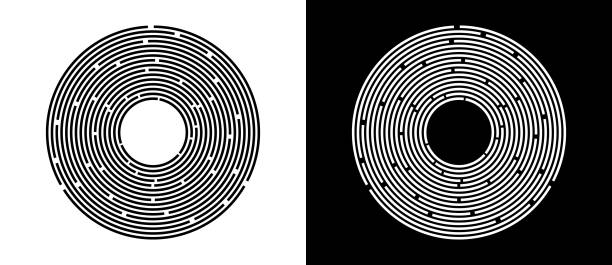 illustrations, cliparts, dessins animés et icônes de arrière-plan abstrait avec des lignes. cercle créatif comme logo ou icône. lignes noires sur fond blanc et lignes blanches sur fond noir. - label circle shape insignia