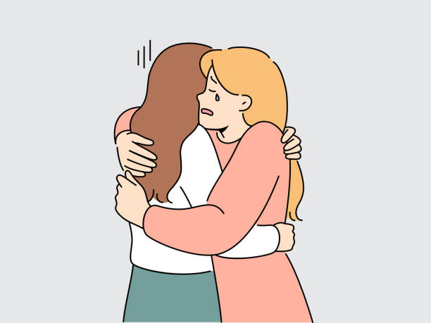 Caring woman hug support crying friend Supportive woman hug crying unhappy friends suffer from breakup or divorce. Caring female embrace support distressed upset girlfriend feeling down. Vector illustration. woman comforting depressed friend stock illustrations
