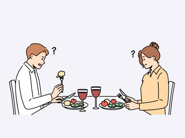 Confused couple dislike food in restaurant Confused couple sit at table in restaurant eating bad meal at dinner. Distressed man and woman dissatisfied with food in cafe. Vector illustration. terrible meal stock illustrations