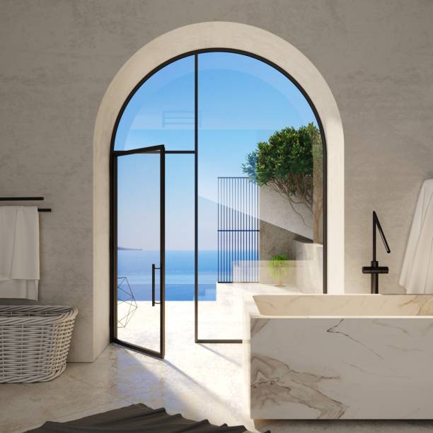 арочная дверь классической средиземноморской виллы и ванная комната - villa house marble tropical climate стоковые фото и изображения
