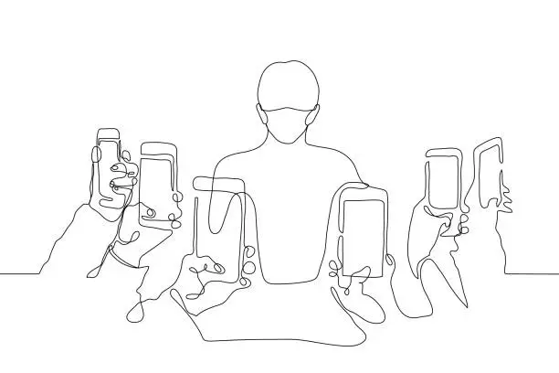 Vector illustration of man in a mask is surrounded by people who are filming him. one line drawing social transparency concept, internet surveillance, social media harassment, public person life