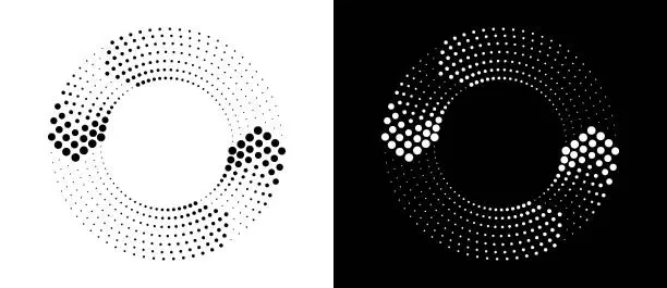 Vector illustration of Circle abstract background  with dynamic halftone dots like arrows. Black shape on a white background and the same white shape on the black side.